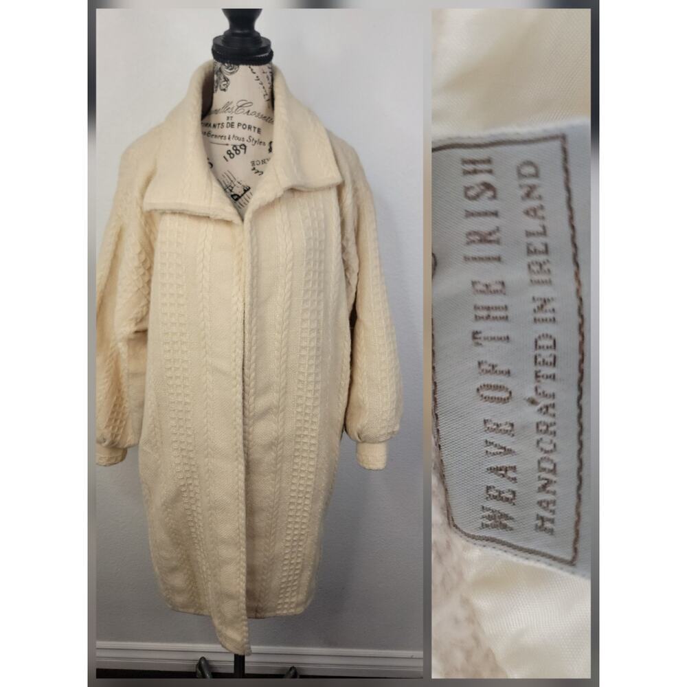 Vtg Weave of the Irish P Ivory Wool Cable Knit Open Front Mid-Length Jacket Coat
